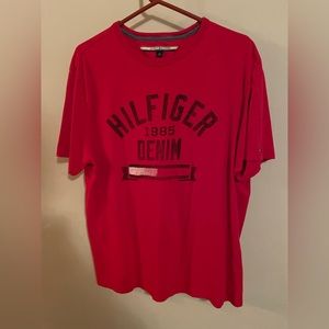 Hello figure denim red logo T-shirt